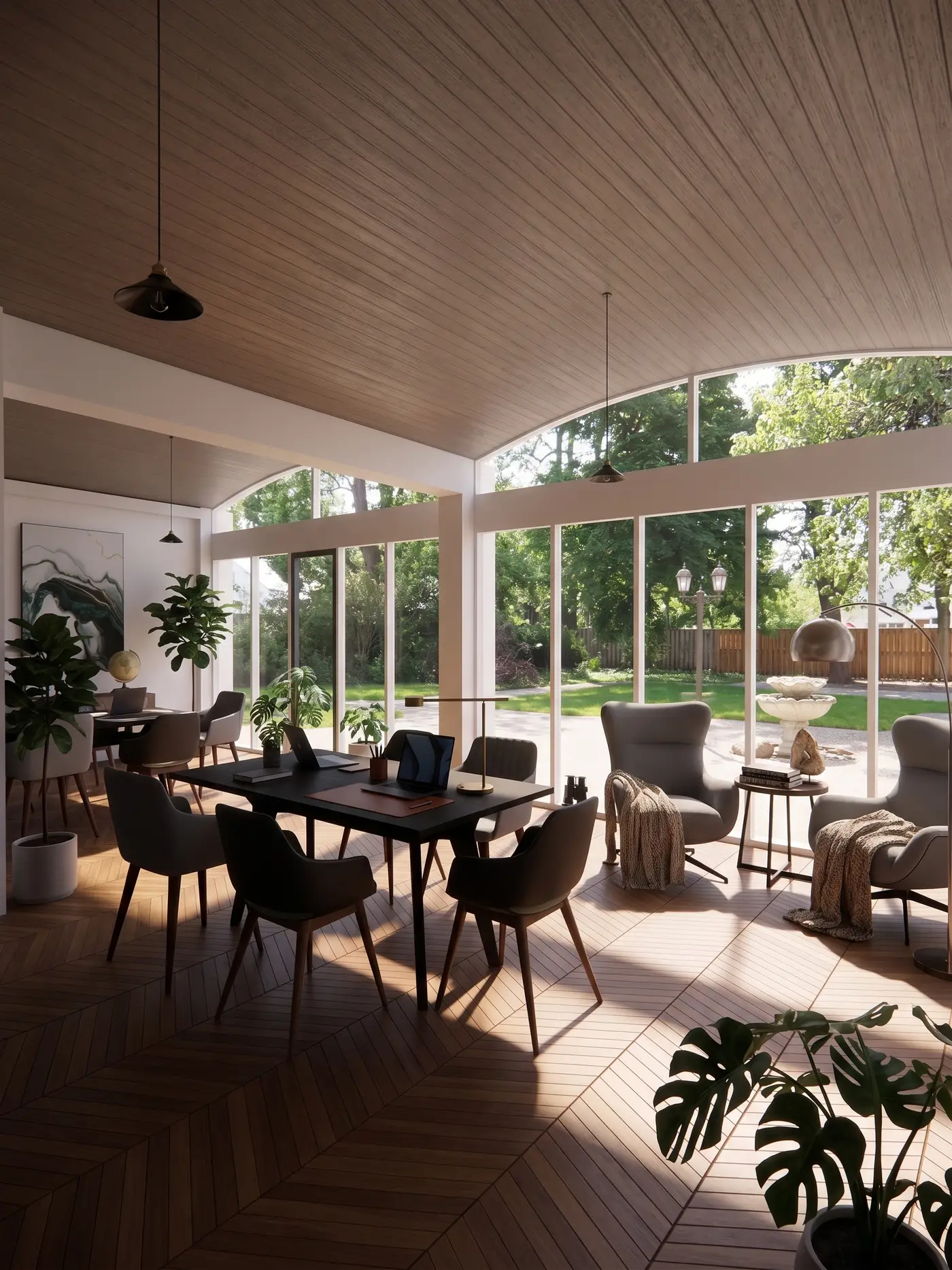 The resident lounge and study by day — long work tables and armchairs under an arched wood ceiling