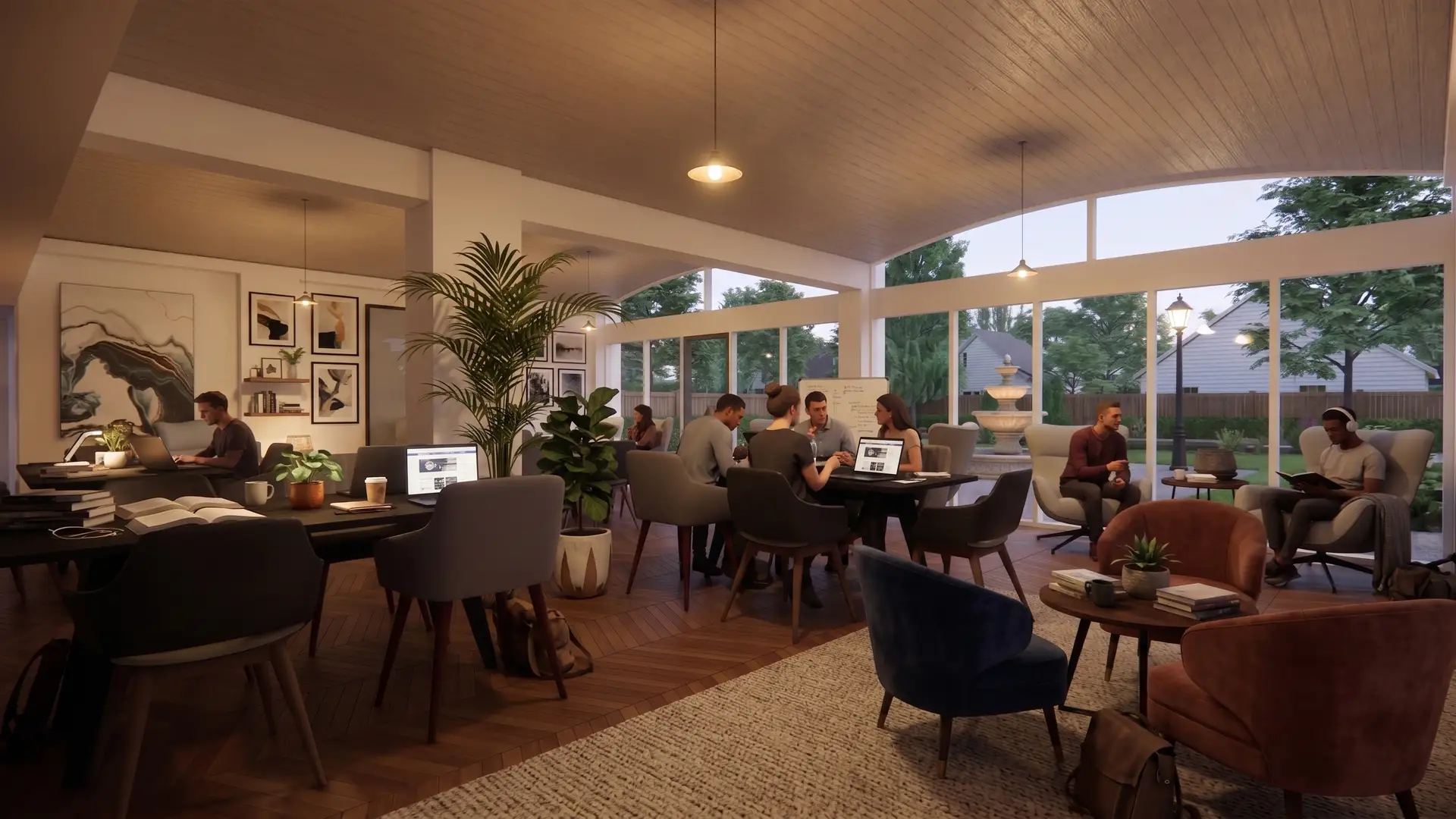 The resident lounge at night — neighbours studying and unwinding together